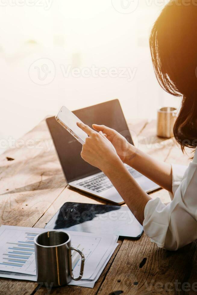 Business Man Financial Inspector and Secretary Making Report, Calculating or Checking Balance. Internal Revenue Service Inspector Checking Document Audit Concept photo