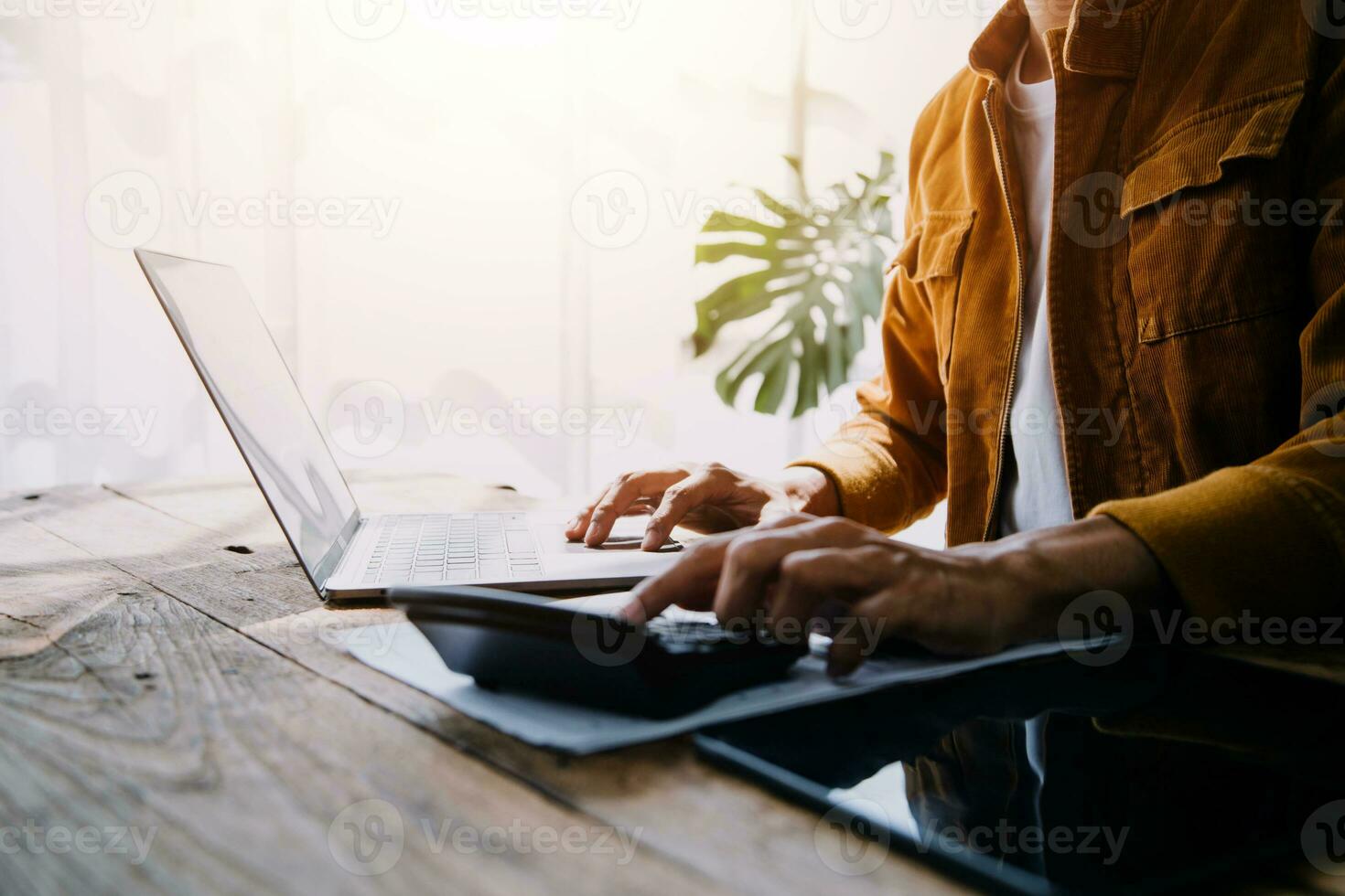 Business Man Financial Inspector and Secretary Making Report, Calculating or Checking Balance. Internal Revenue Service Inspector Checking Document Audit Concept photo