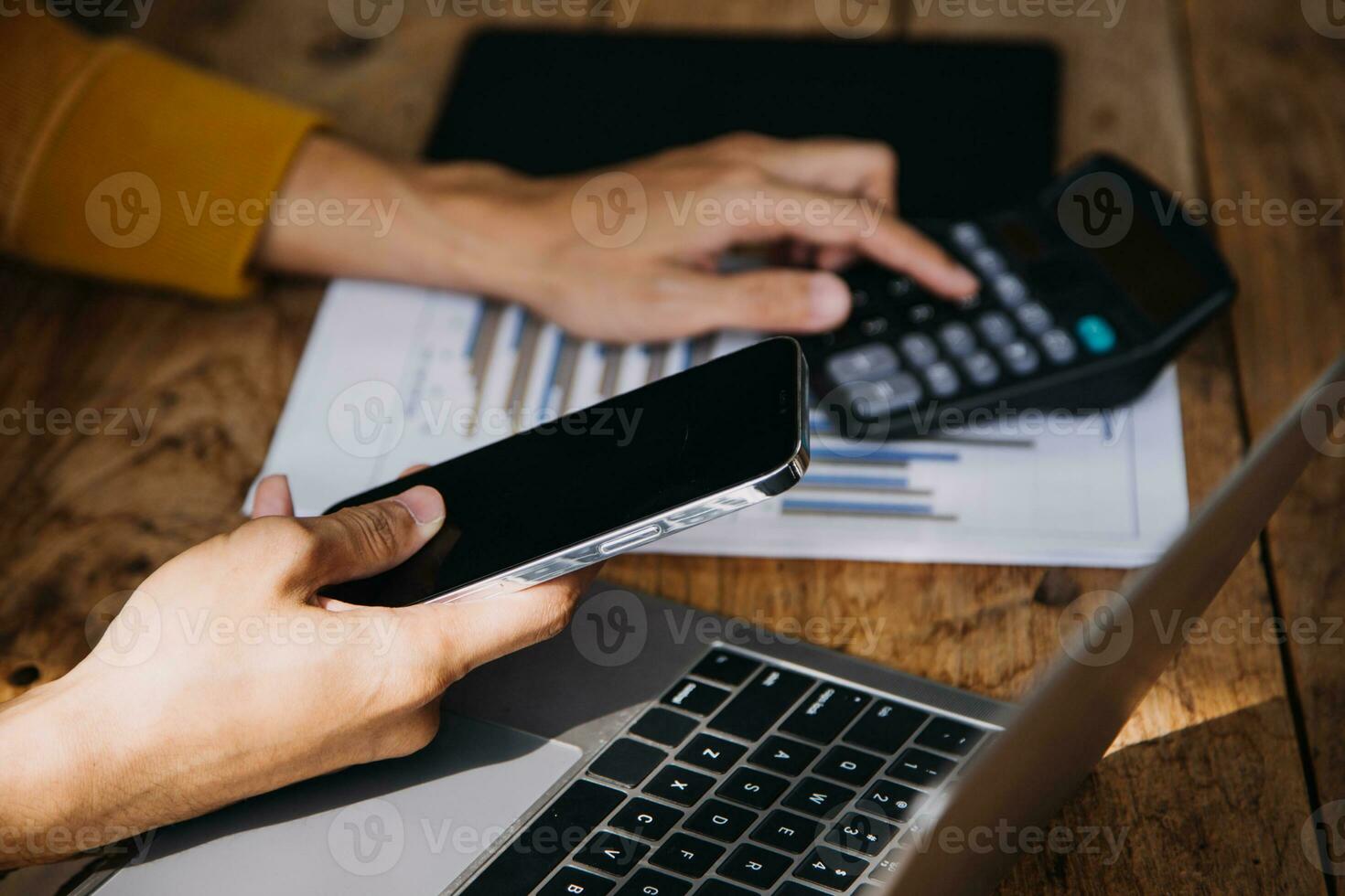 Business Man Financial Inspector and Secretary Making Report, Calculating or Checking Balance. Internal Revenue Service Inspector Checking Document Audit Concept photo