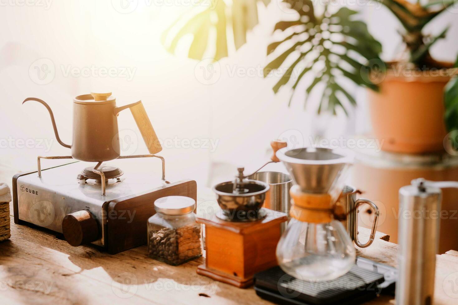 Happy young adult couple making breakfast and drinking coffee together in cozy home kitchen in morning at home. Preparing meal and smiling. Lifestyle, leisure and Love concept. photo