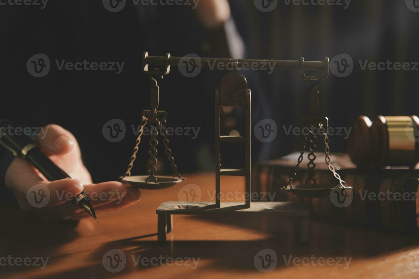 Business and lawyers discussing contract papers with brass scale on desk in office. Law, legal services, advice, justice and law concept picture with film grain effect photo