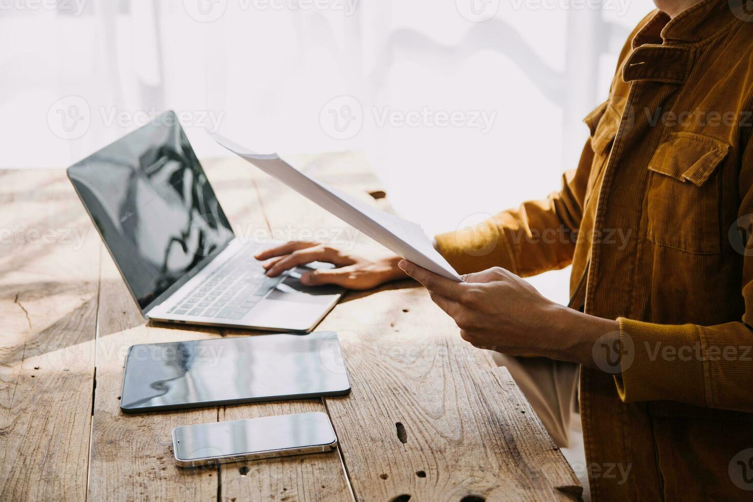Business Man Financial Inspector and Secretary Making Report, Calculating or Checking Balance. Internal Revenue Service Inspector Checking Document Audit Concept photo