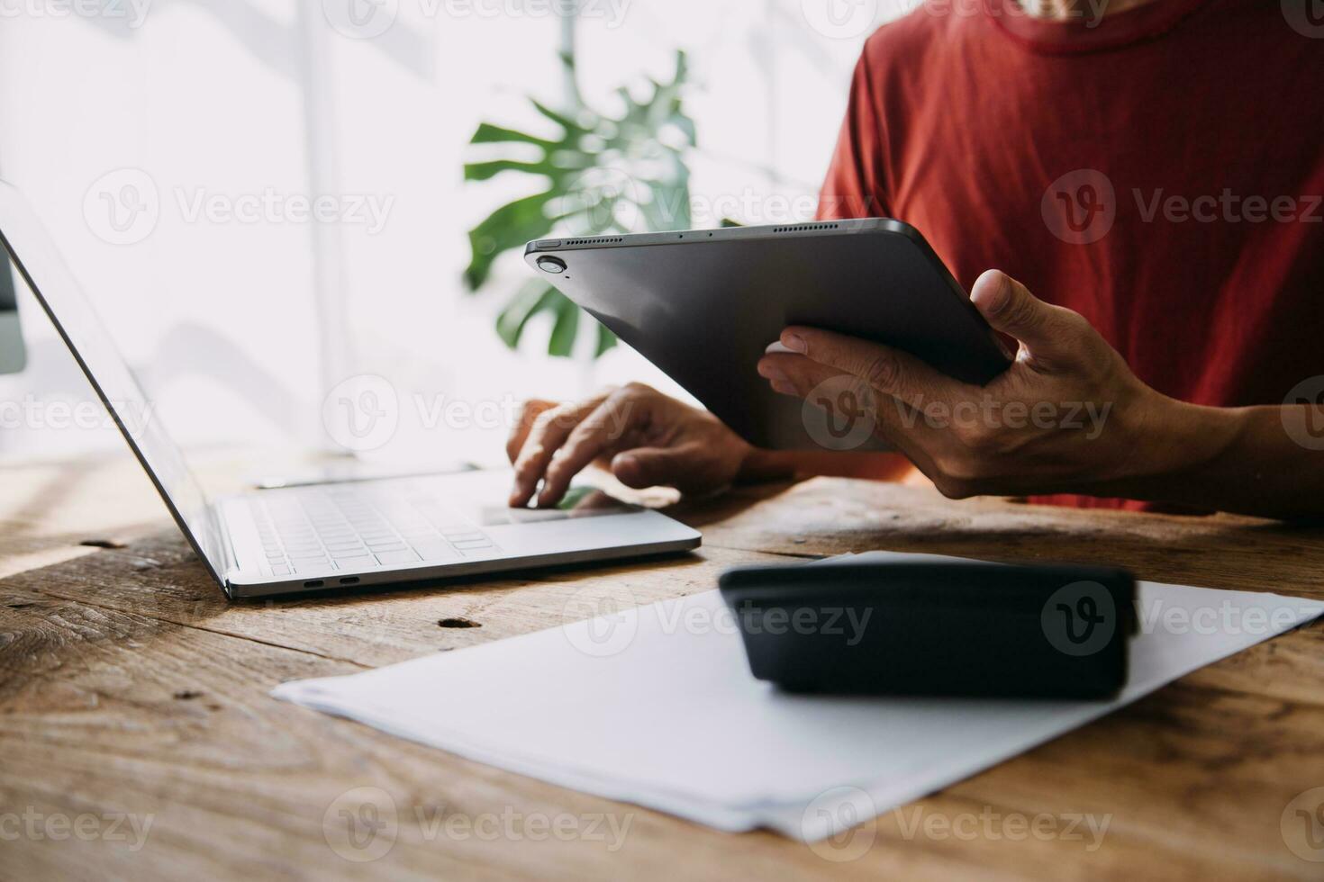 Business Man Financial Inspector and Secretary Making Report, Calculating or Checking Balance. Internal Revenue Service Inspector Checking Document Audit Concept photo
