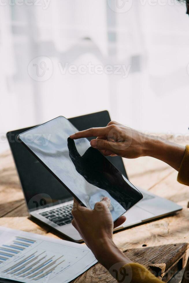 Business Man Financial Inspector and Secretary Making Report, Calculating or Checking Balance. Internal Revenue Service Inspector Checking Document Audit Concept photo