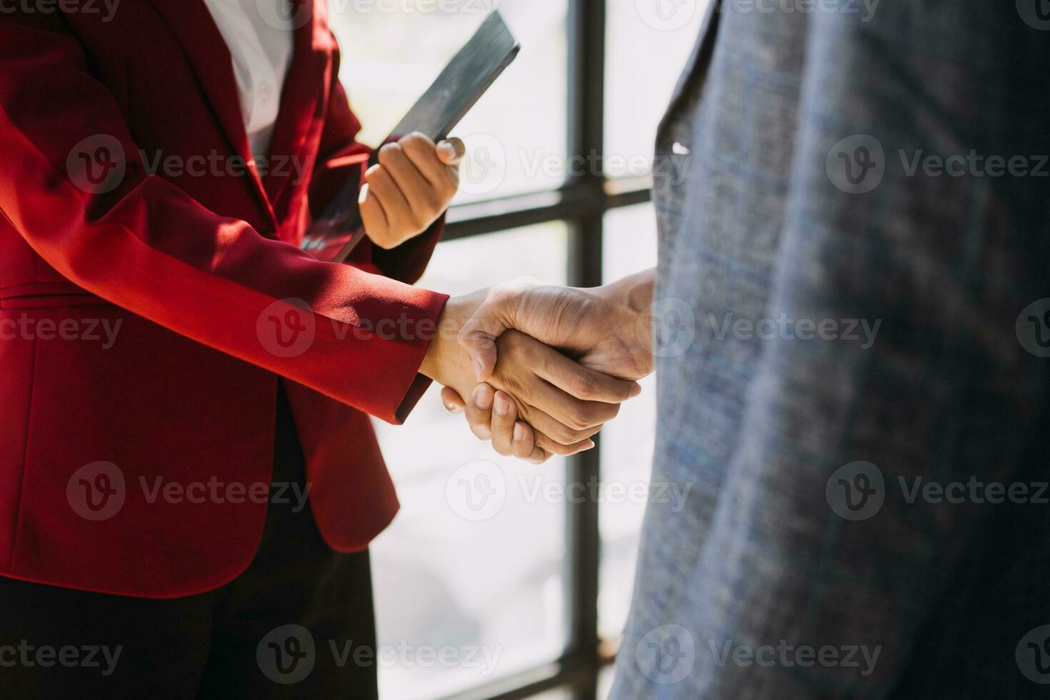 Business handshake for teamwork of business merger and acquisition,successful negotiate,hand shake,two businessman shake hand with partner to celebration partnership and business deal concept photo
