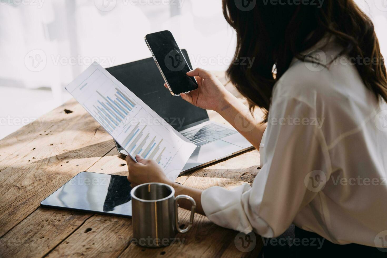 Business Man Financial Inspector and Secretary Making Report, Calculating or Checking Balance. Internal Revenue Service Inspector Checking Document Audit Concept photo