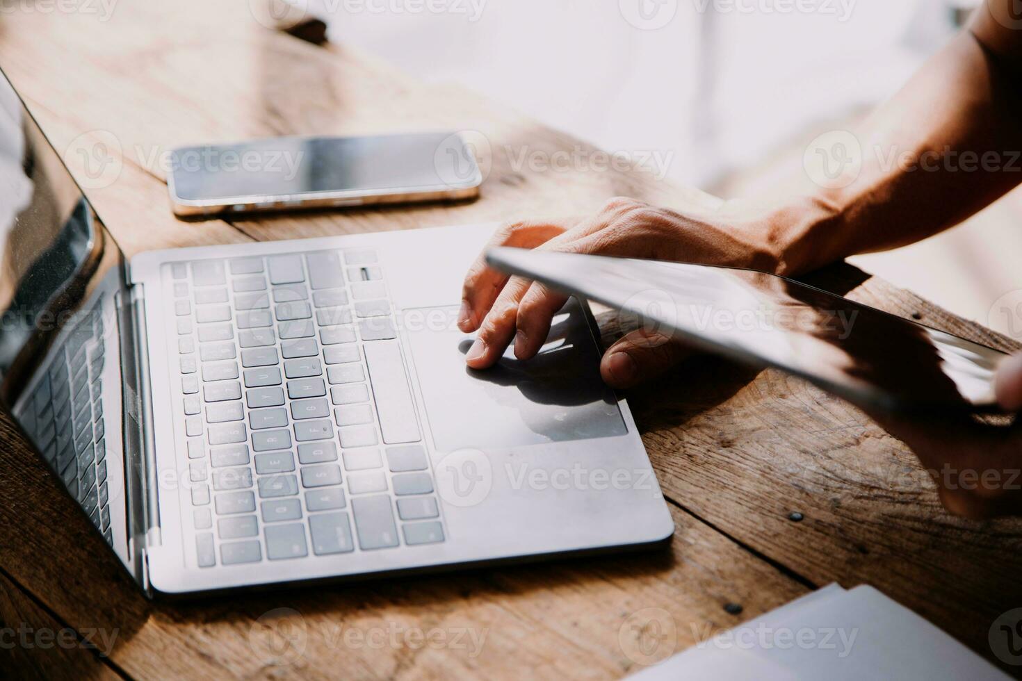 Business Man Financial Inspector and Secretary Making Report, Calculating or Checking Balance. Internal Revenue Service Inspector Checking Document Audit Concept photo