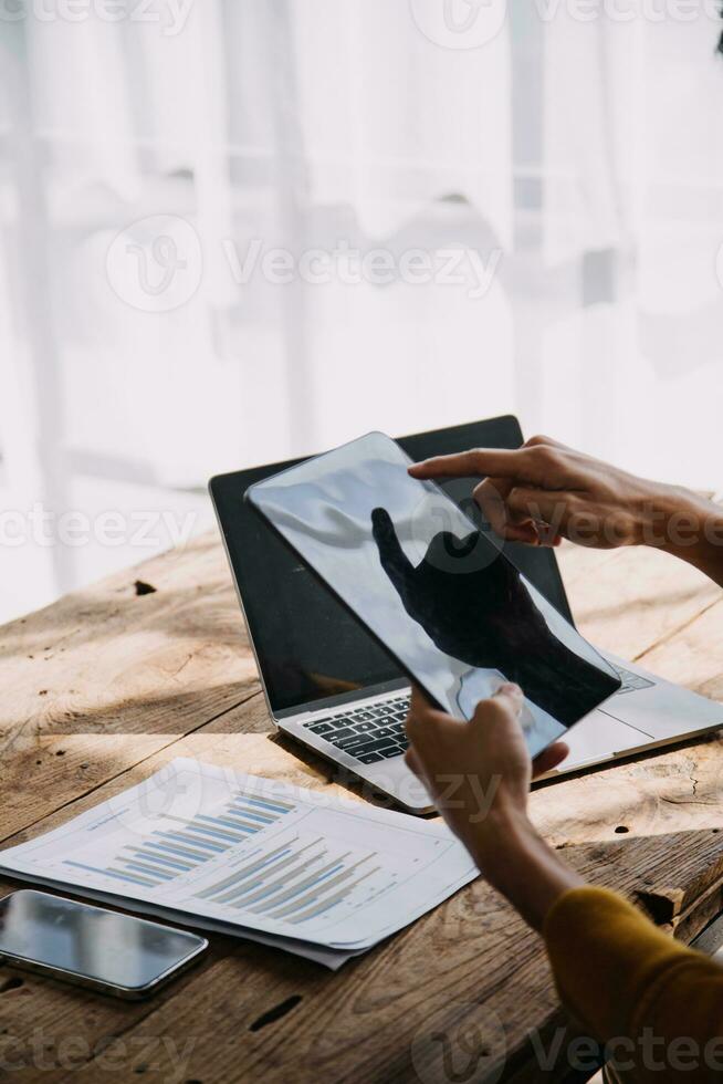 Business Man Financial Inspector and Secretary Making Report, Calculating or Checking Balance. Internal Revenue Service Inspector Checking Document Audit Concept photo