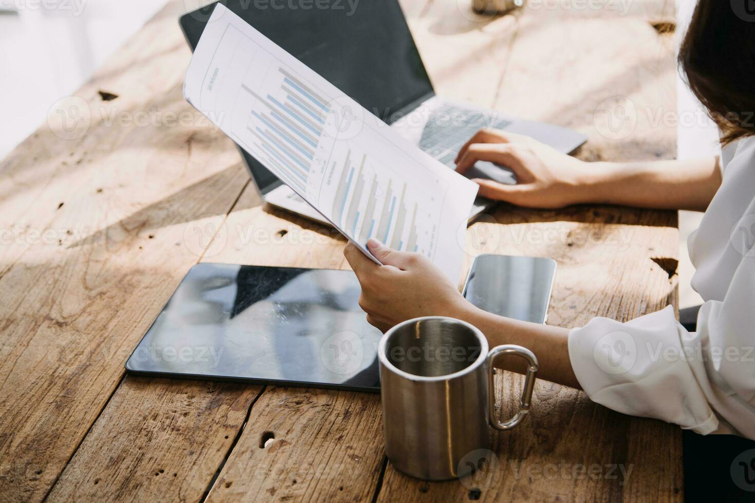 Business Man Financial Inspector and Secretary Making Report, Calculating or Checking Balance. Internal Revenue Service Inspector Checking Document Audit Concept photo