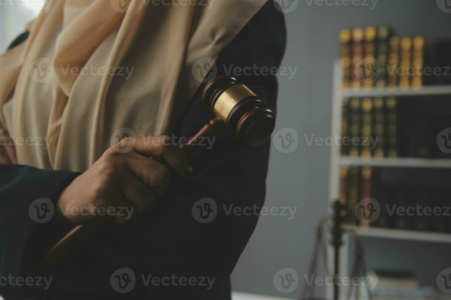 Business and lawyers discussing contract papers with brass scale on desk in office. Law, legal services, advice, justice and law concept picture with film grain effect photo