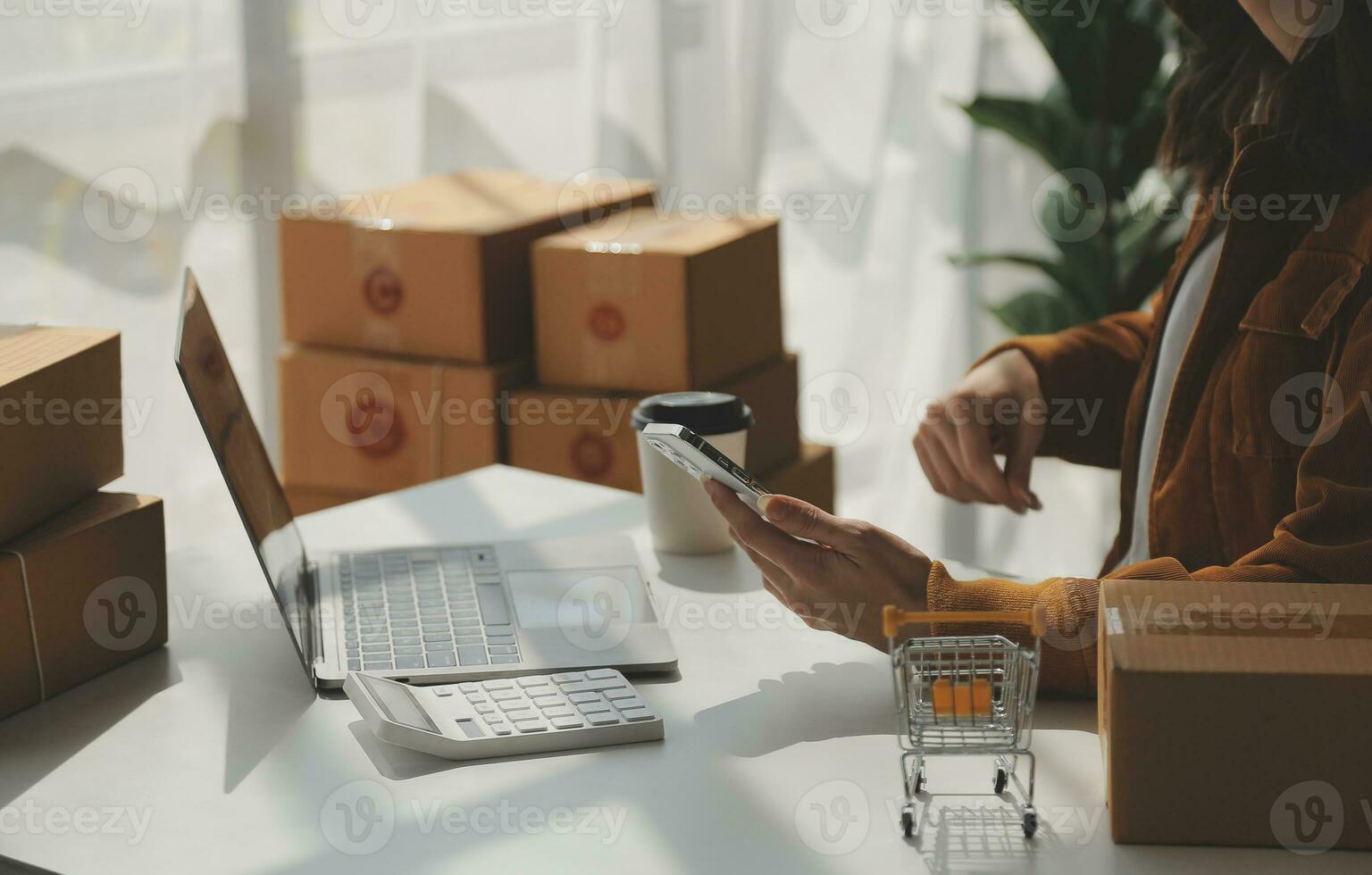 Portrait young attractive hipster asia female owner startup look at camera work happy with box at home prepare parcel delivery in sme supply chain, procurement, omnichannel ecommerce online concept. photo