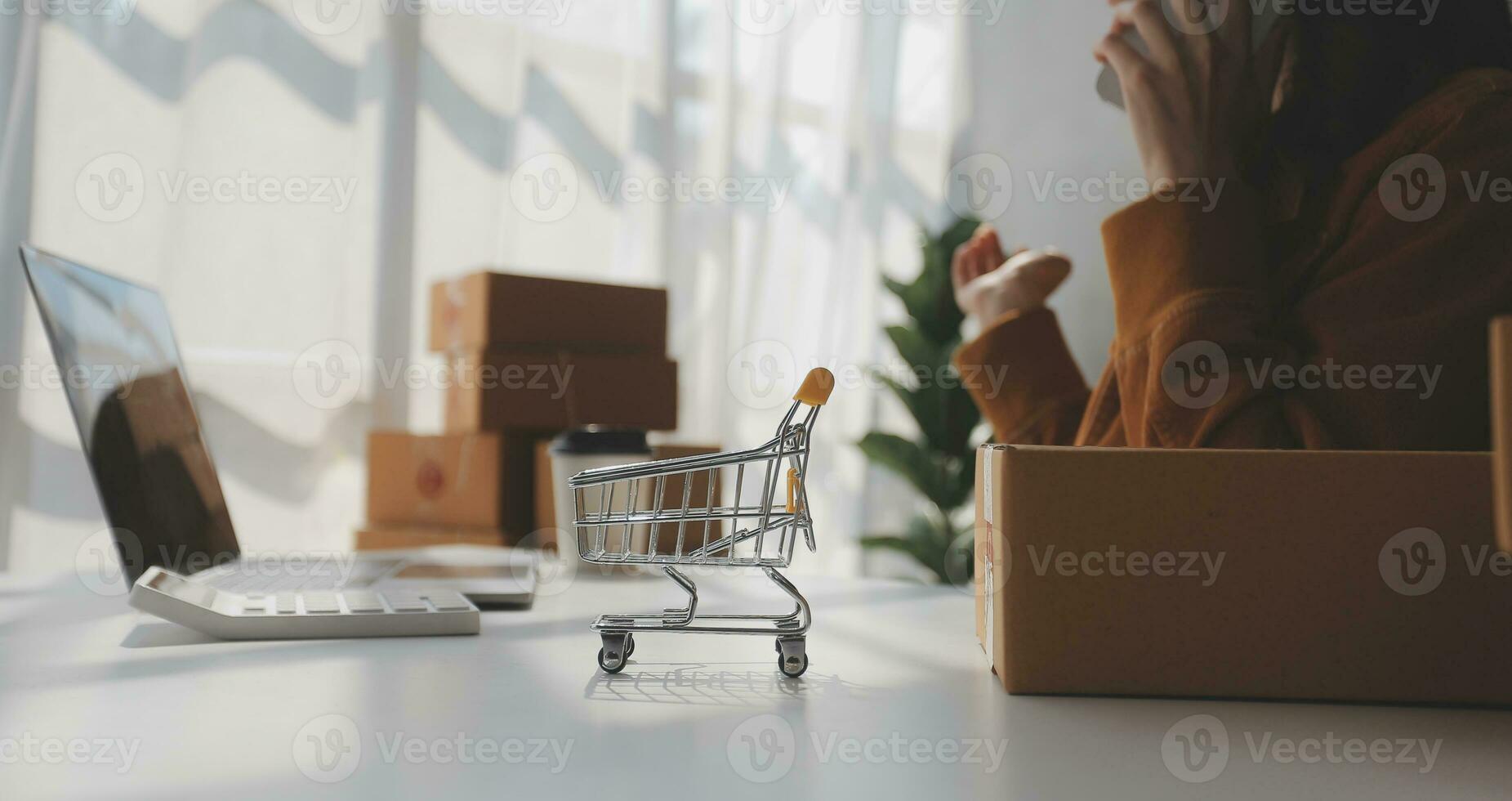 Portrait young attractive hipster asia female owner startup look at camera work happy with box at home prepare parcel delivery in sme supply chain, procurement, omnichannel ecommerce online concept. photo