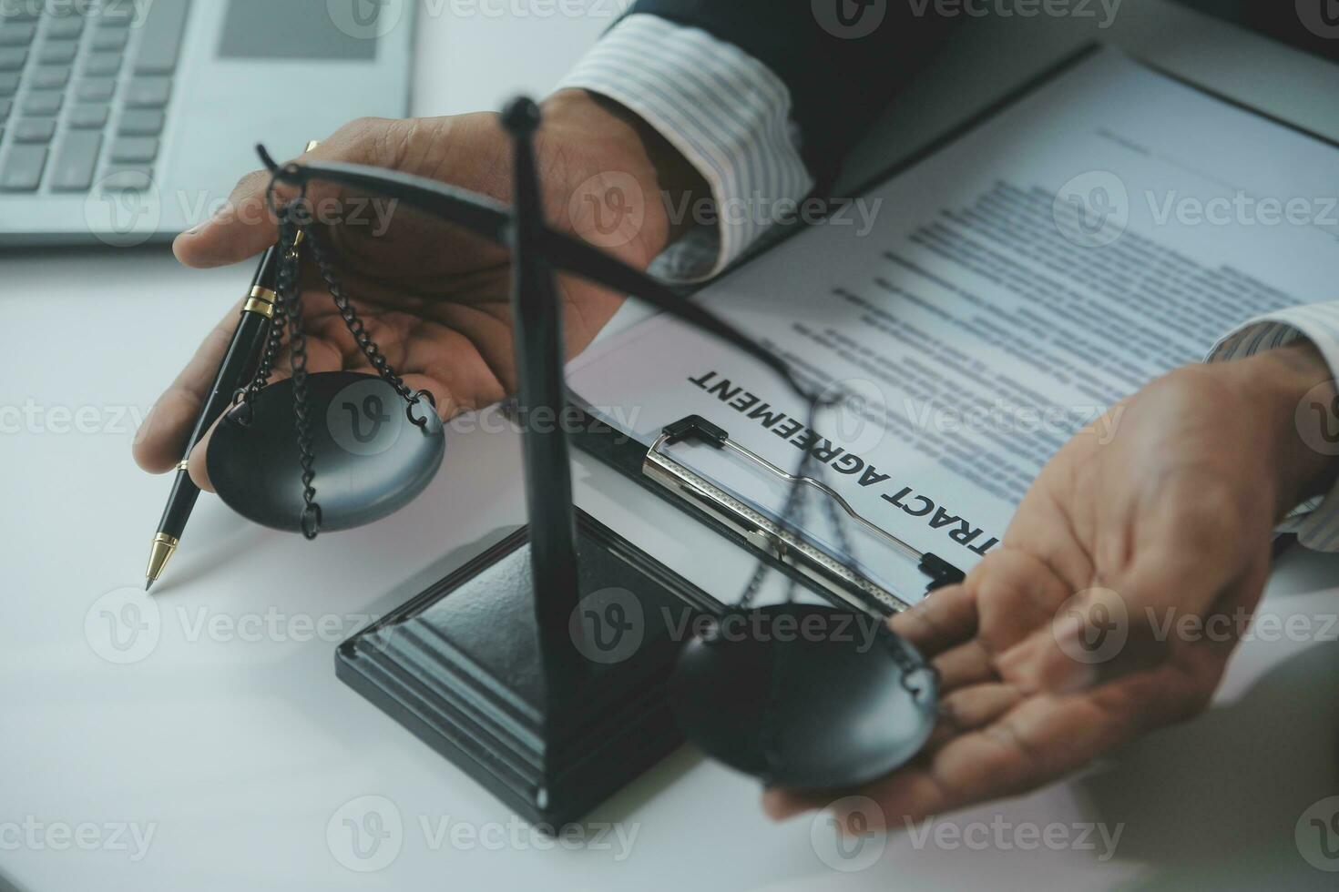 Business and lawyers discussing contract papers with brass scale on desk in office. Law, legal services, advice, justice and law concept picture with film grain effect photo