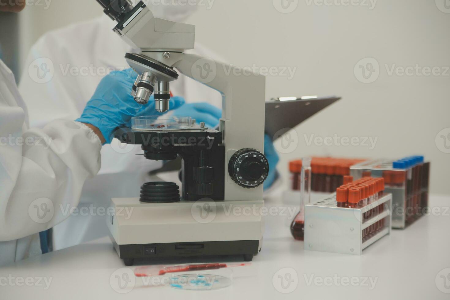 Health care researchers working in life science laboratory. Young female research scientist and senior male supervisor preparing and analyzing microscope slides in research lab. photo