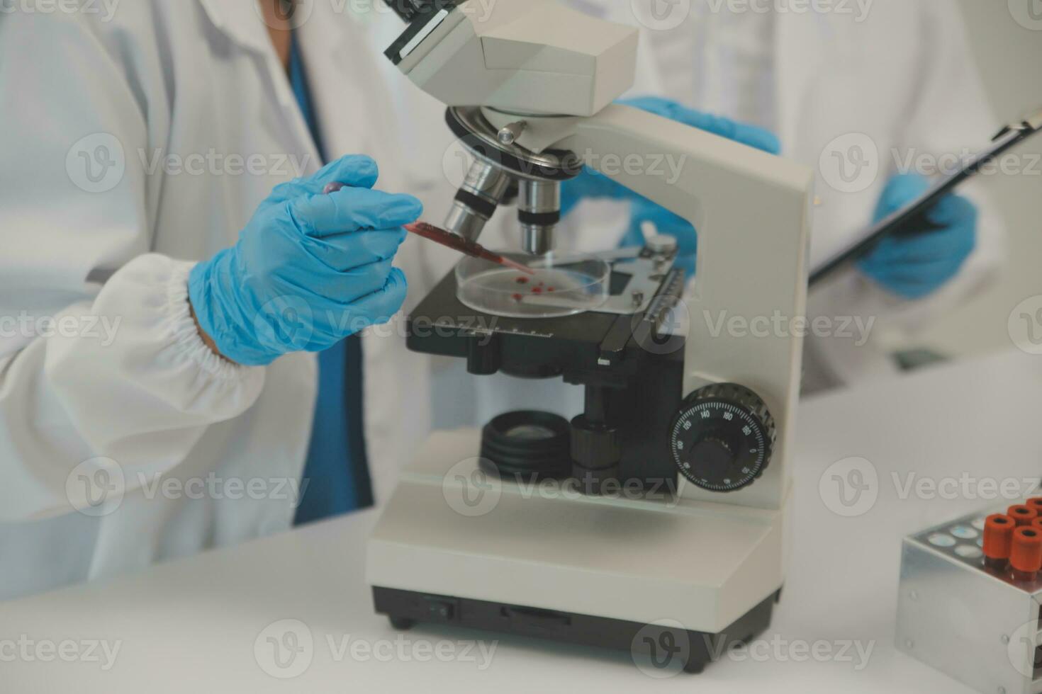 Health care researchers working in life science laboratory. Young female research scientist and senior male supervisor preparing and analyzing microscope slides in research lab. photo