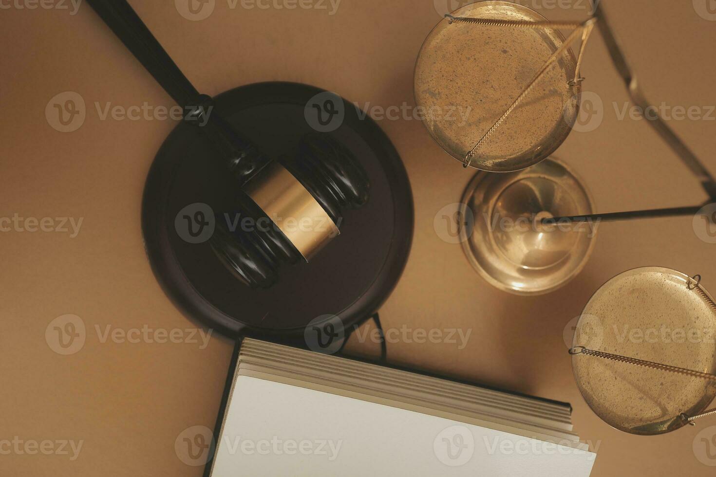 Business and lawyers discussing contract papers with brass scale on desk in office. Law, legal services, advice, justice and law concept picture with film grain effect photo