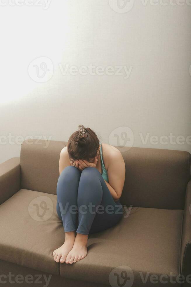 Sad, unhappy. Alone asian young woman, girl expression face thinking about problem, difficulty, feeling failure and exhausted, suffering from loneliness, grief sorrow and bad relationship or break up. photo