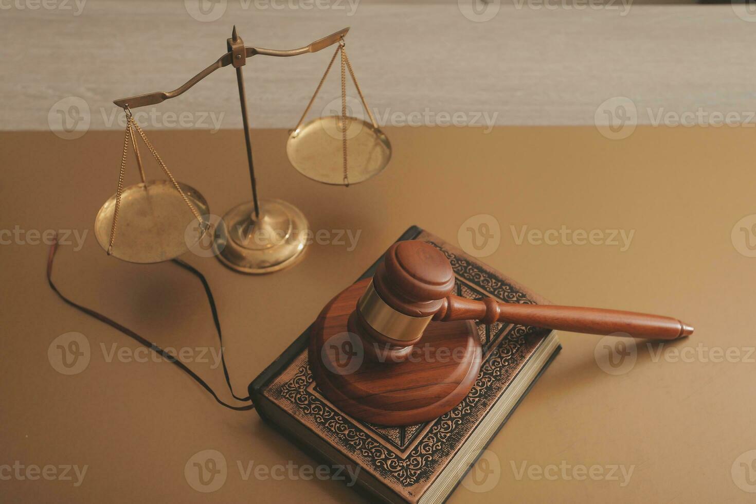 Business and lawyers discussing contract papers with brass scale on desk in office. Law, legal services, advice, justice and law concept picture with film grain effect photo