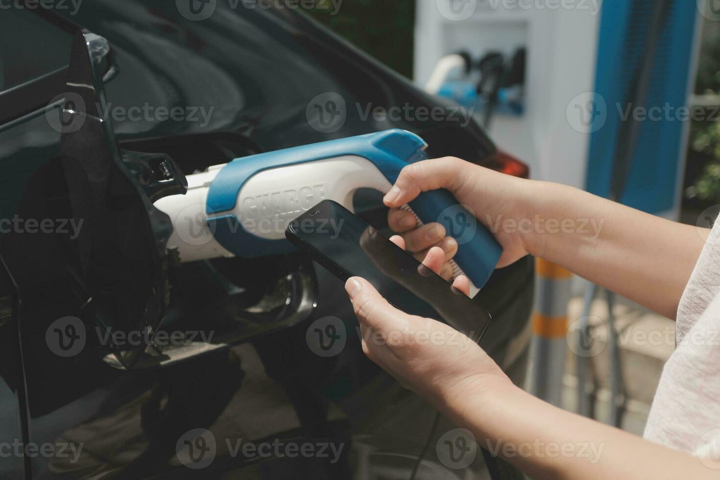 EV charging station for electric car in concept of green energy and eco power produced from sustainable source to supply to charger station in order to reduce CO2 emission . photo