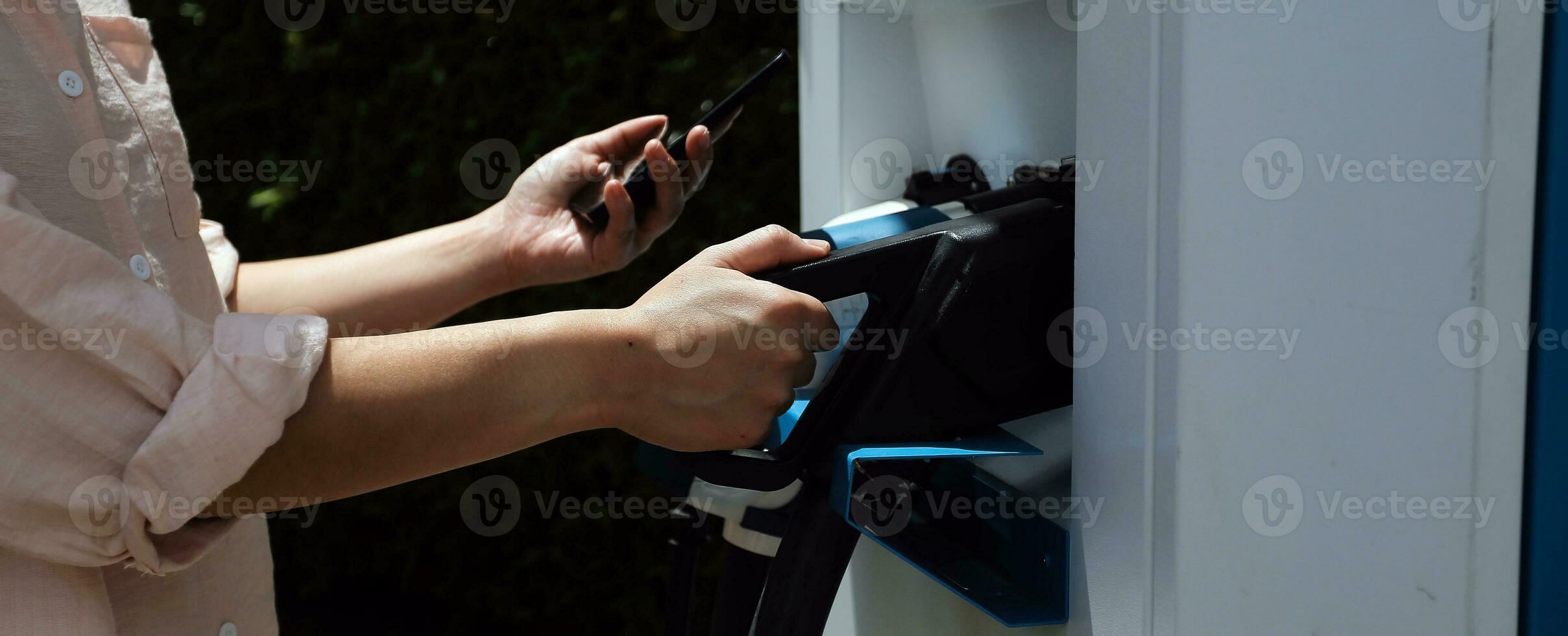EV charging station for electric car in concept of green energy and eco power produced from sustainable source to supply to charger station in order to reduce CO2 emission . photo