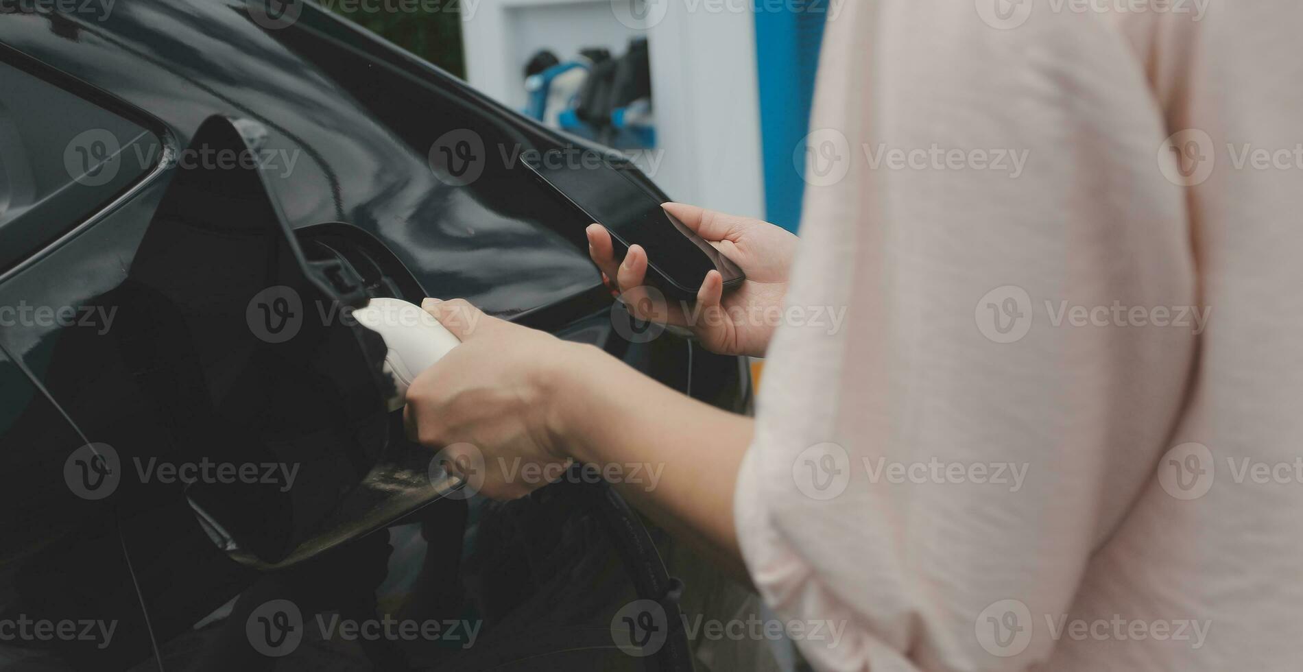 EV charging station for electric car in concept of green energy and eco power produced from sustainable source to supply to charger station in order to reduce CO2 emission . photo