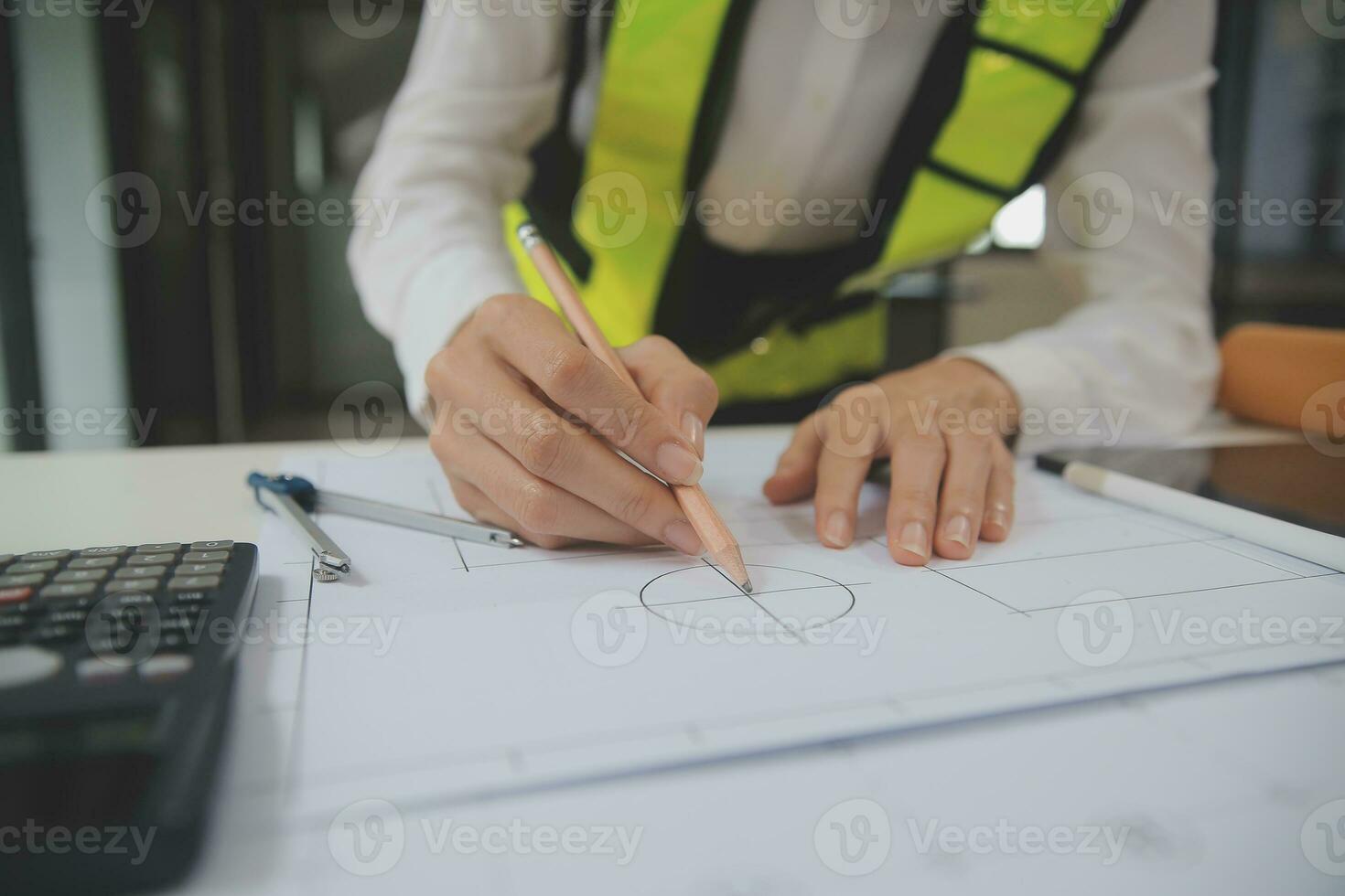 Engineer Teamwork Meeting, Drawing working on blueprint meeting for project working with partner on model building and engineering tools in working site, Construction and structure concept. photo