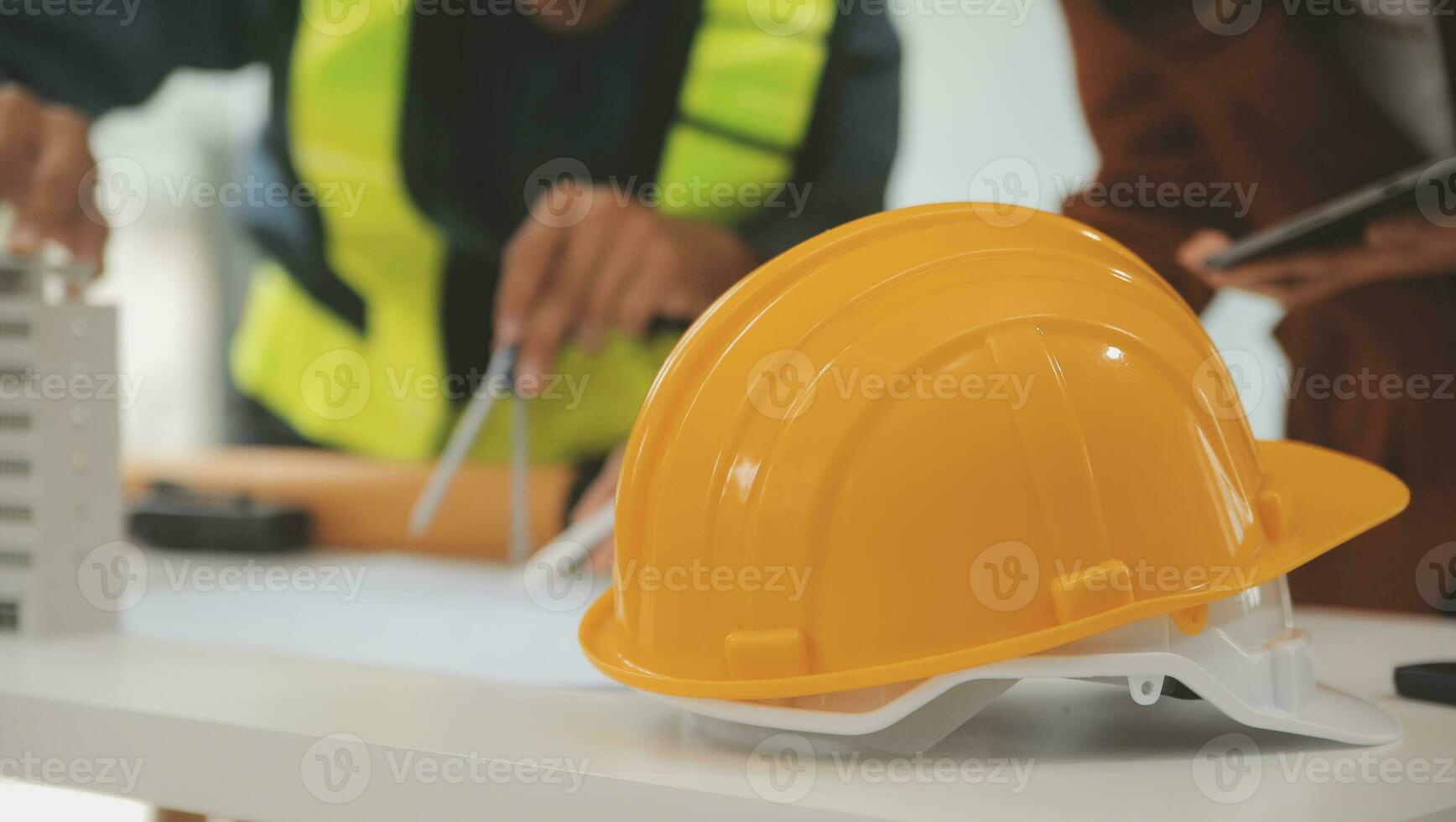 Engineer Teamwork Meeting, Drawing working on blueprint meeting for project working with partner on model building and engineering tools in working site, Construction and structure concept. photo