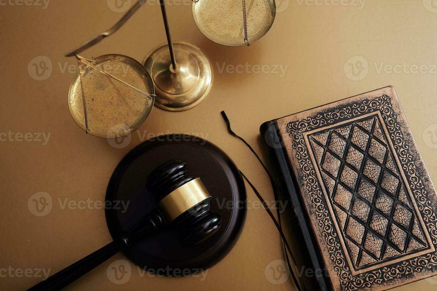 Business and lawyers discussing contract papers with brass scale on desk in office. Law, legal services, advice, justice and law concept picture with film grain effect photo
