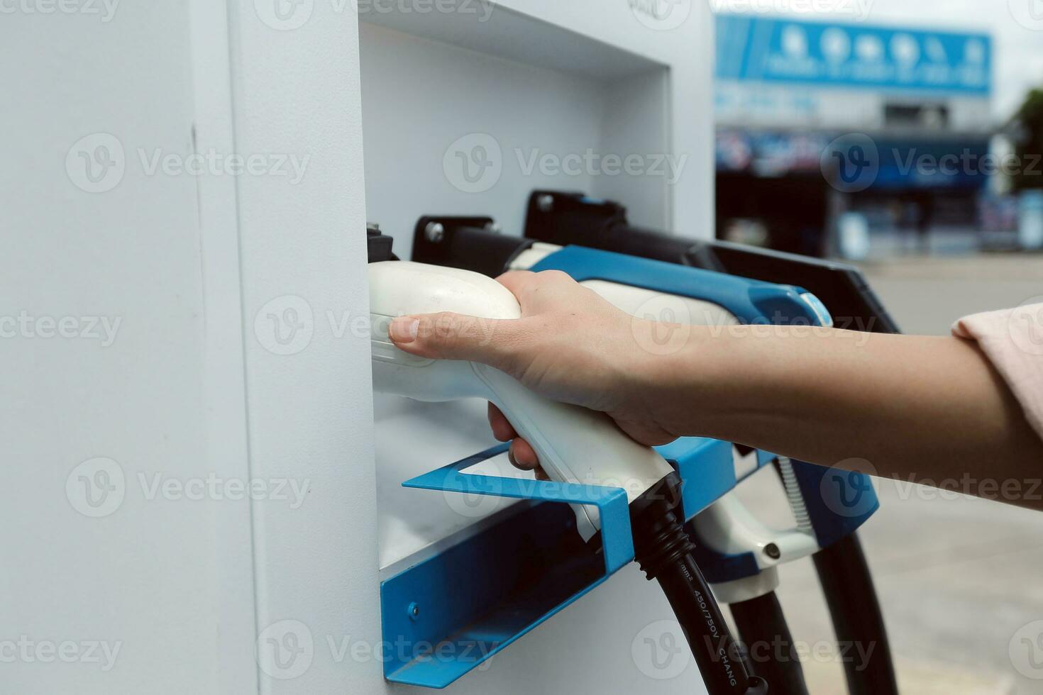 EV charging station for electric car in concept of green energy and eco power produced from sustainable source to supply to charger station in order to reduce CO2 emission . photo