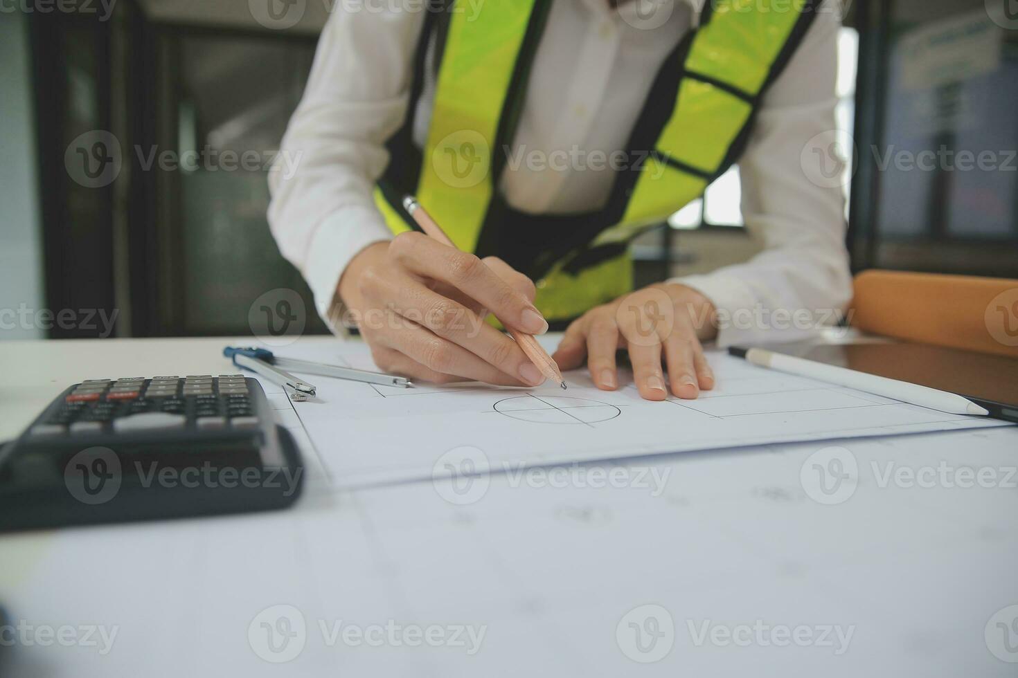 Engineer Teamwork Meeting, Drawing working on blueprint meeting for project working with partner on model building and engineering tools in working site, Construction and structure concept. photo