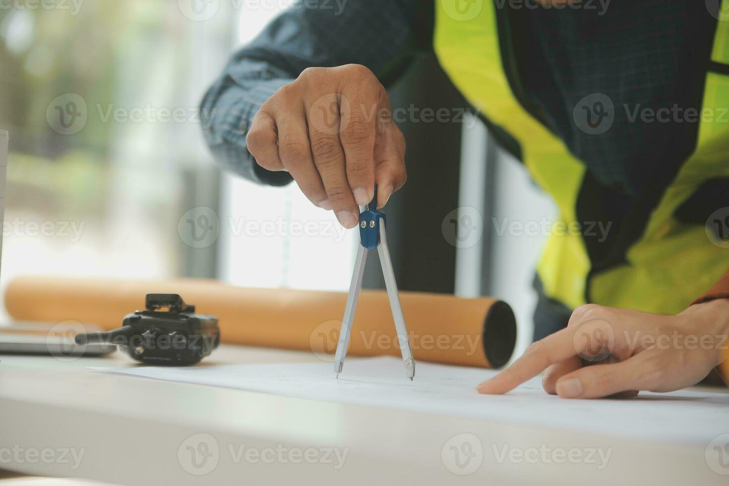 Engineer Teamwork Meeting, Drawing working on blueprint meeting for project working with partner on model building and engineering tools in working site, Construction and structure concept. photo