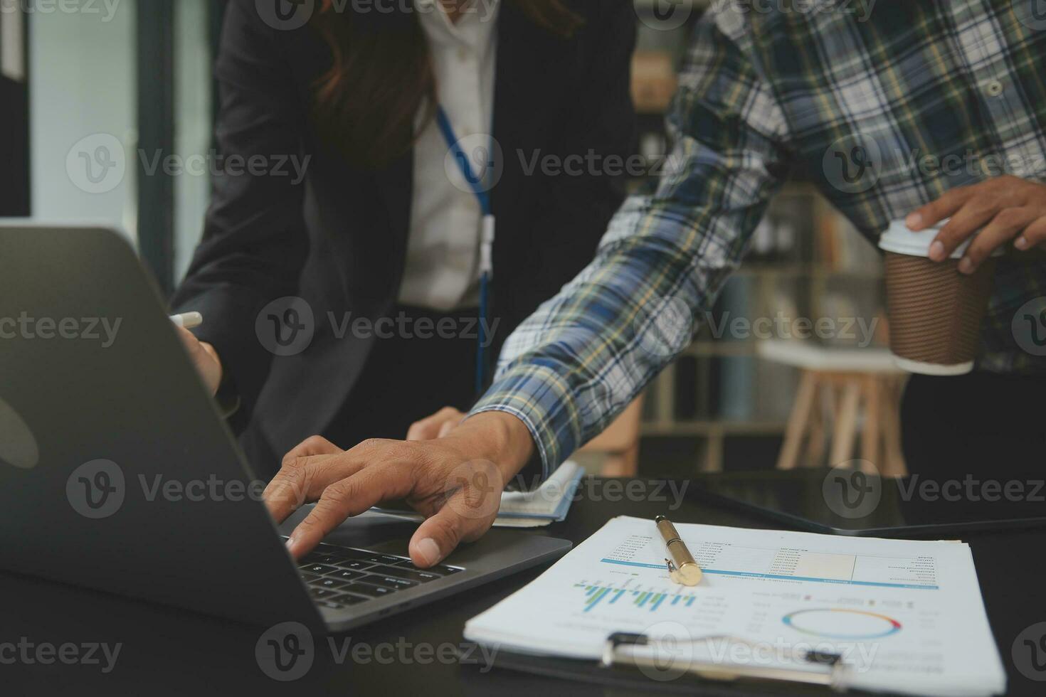 Audit concept,Administrator business man financial inspector and secretary making report calculating balance. Internal Revenue Service checking document. photo