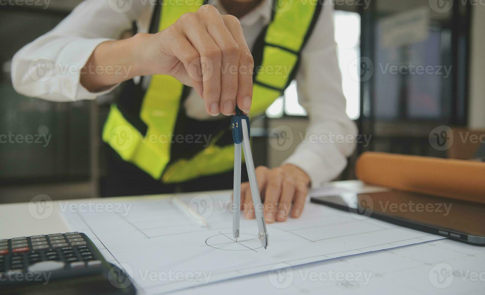 Engineer Teamwork Meeting, Drawing working on blueprint meeting for project working with partner on model building and engineering tools in working site, Construction and structure concept. photo