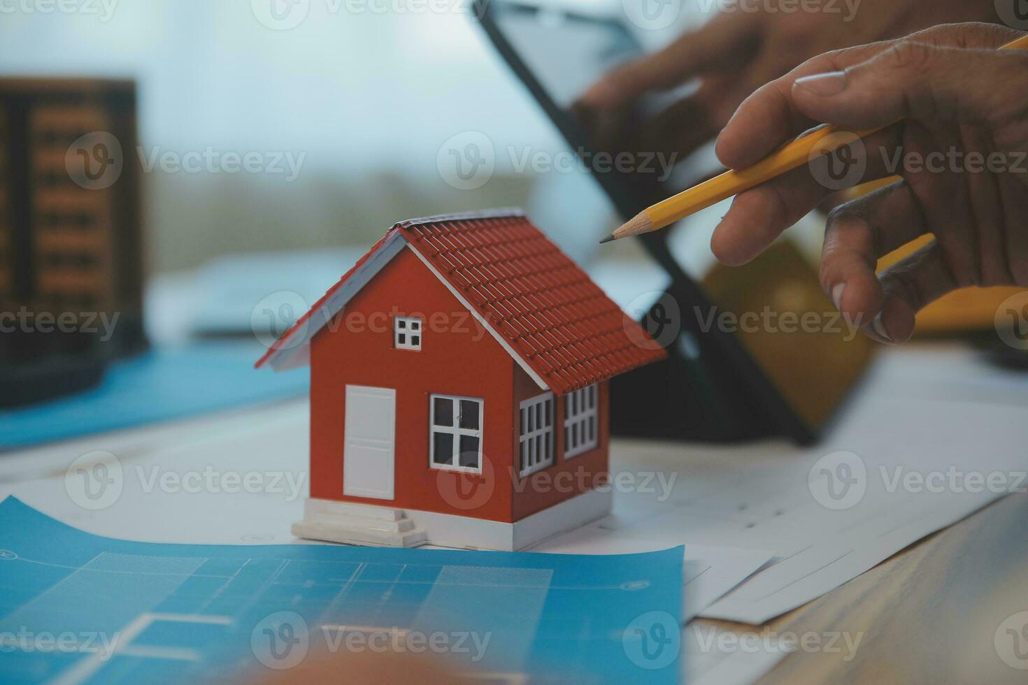Construction and structure concept of Engineer or architect meeting for project working with partner and engineering tools on model building and blueprint in working site, contract for both companies. photo