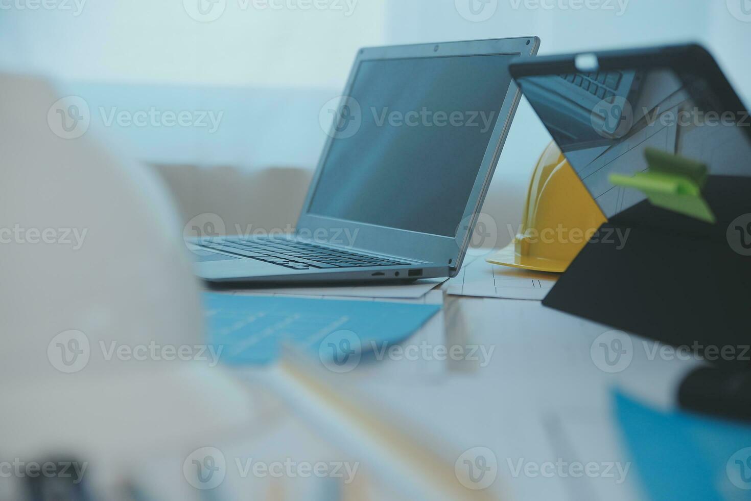 Construction and structure concept of Engineer or architect meeting for project working with partner and engineering tools on model building and blueprint in working site, contract for both companies. photo