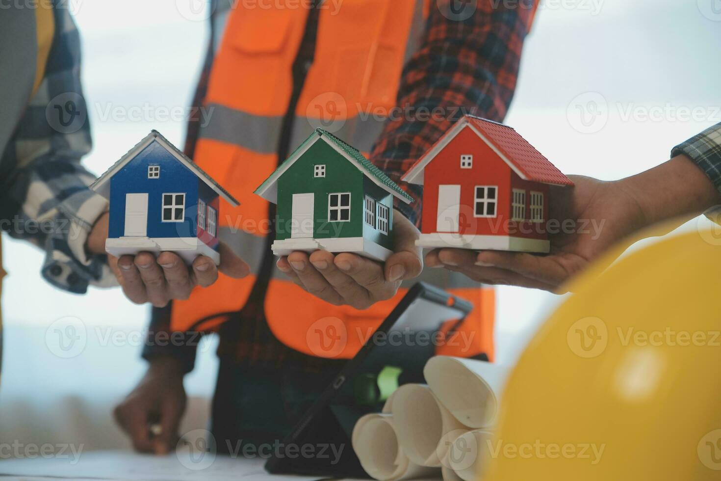 Construction and structure concept of Engineer or architect meeting for project working with partner and engineering tools on model building and blueprint in working site, contract for both companies. photo