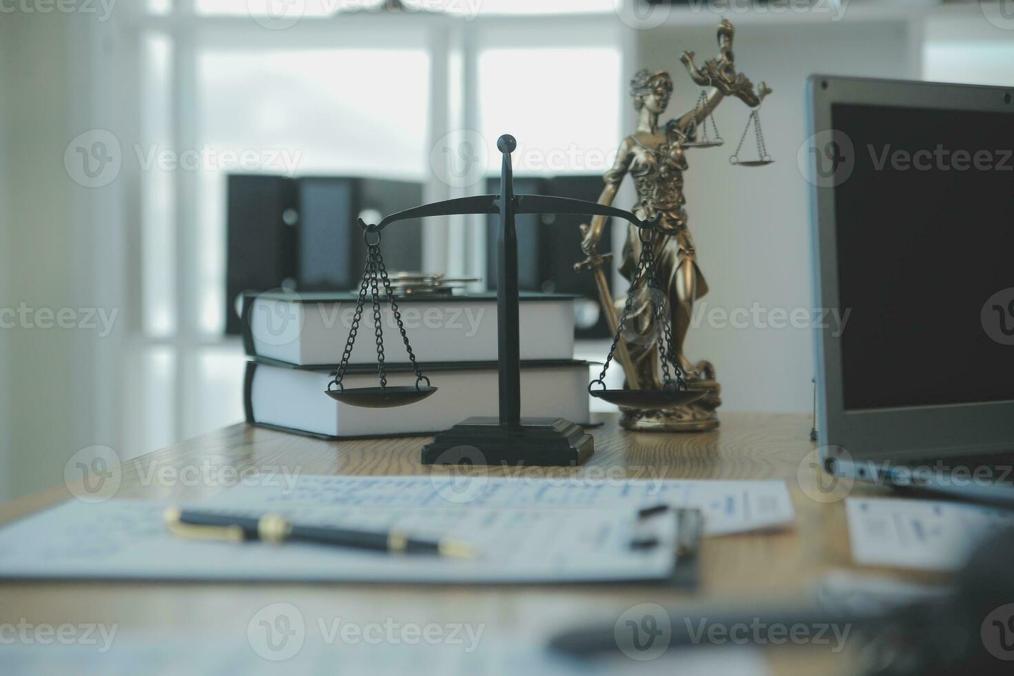 Consultation and conference of Male lawyers and professional businesswoman working and discussion having at law firm in office. Concepts of law, Judge gavel with scales of justice. photo
