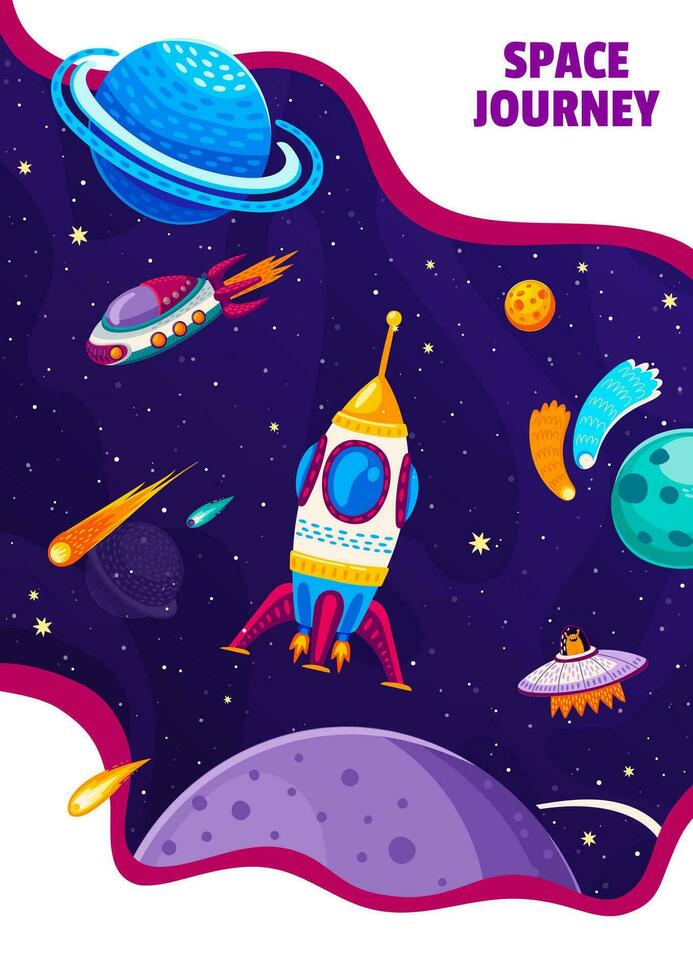 Space poster. Cartoon spaceships in starry galaxy vector