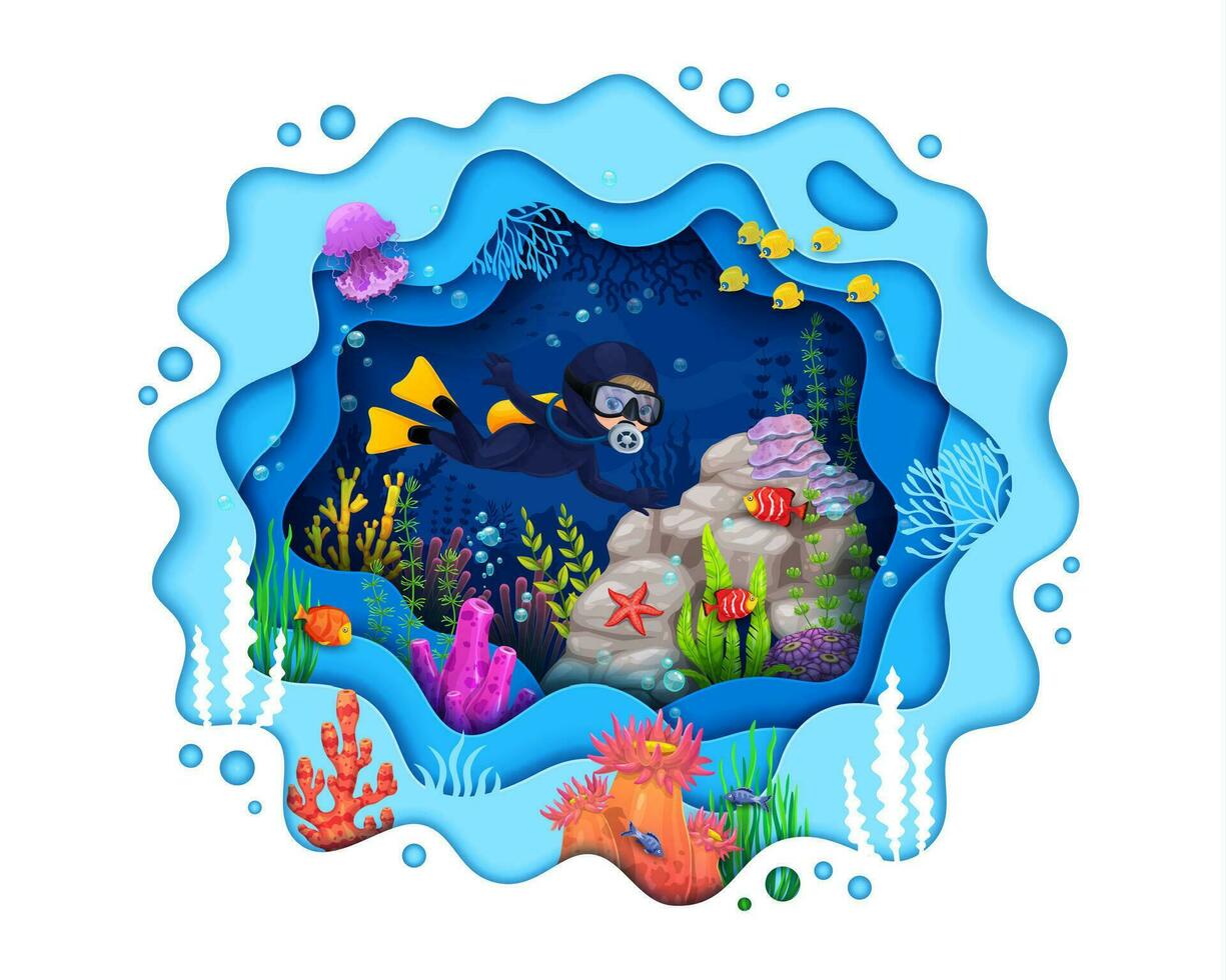 Cartoon sea bottom, paper cut underwater landscape vector