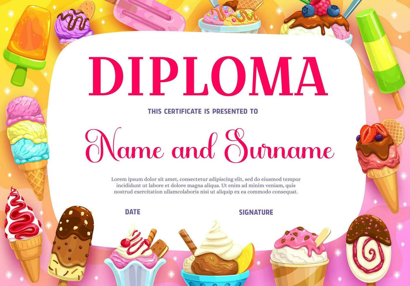 Kids diploma, cartoon sundae, ice cream chocolate vector