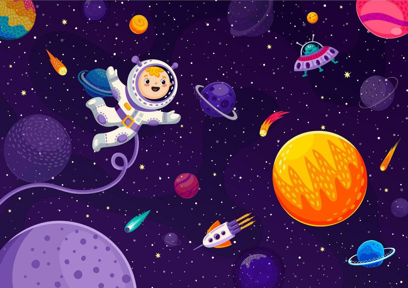 dibujos animados gracioso niño astronauta en exterior espacio planetas vector