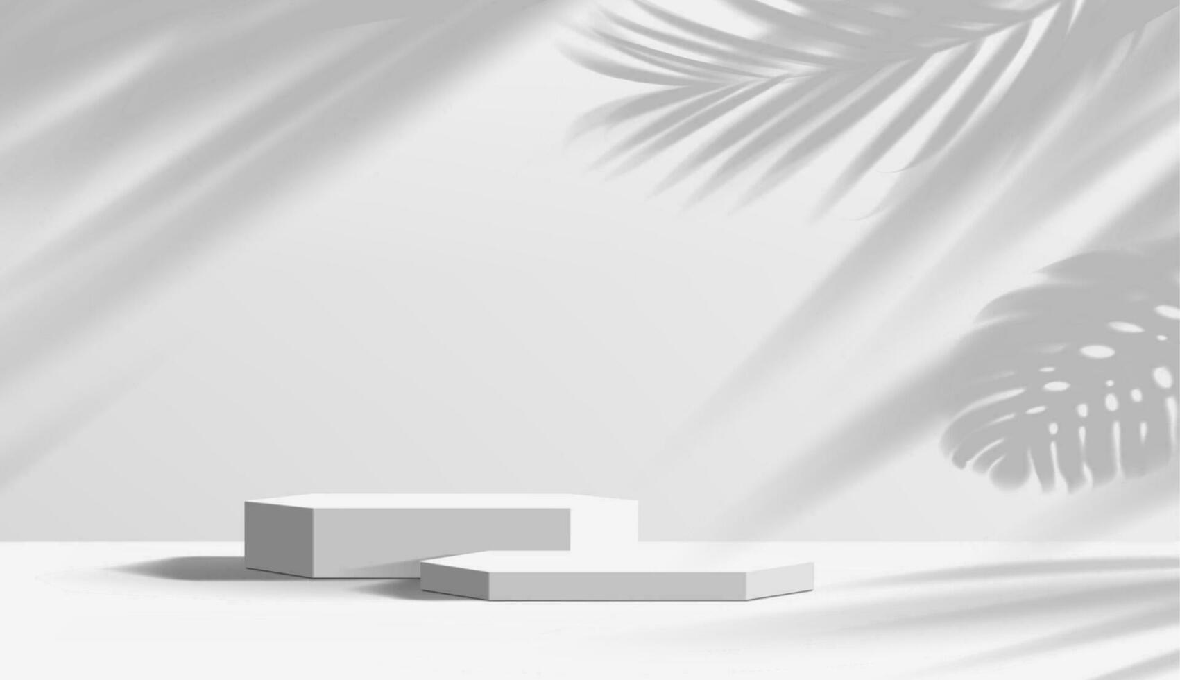 Grey podium, pedestal with monstera leaves shadows vector