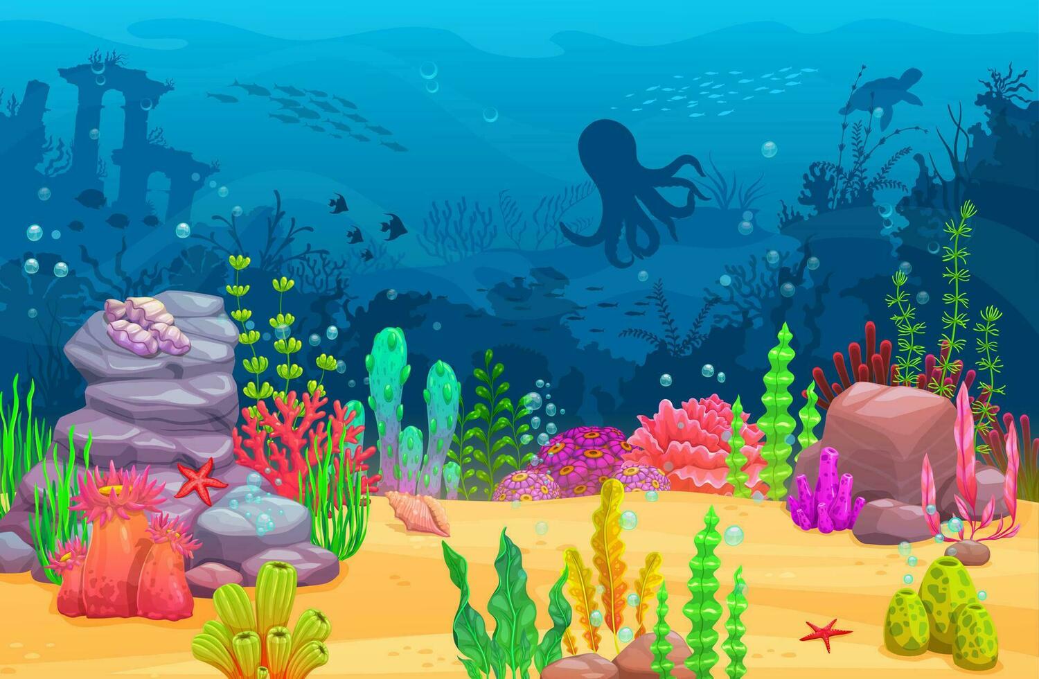 Cartoon underwater landscape, sea water animals vector