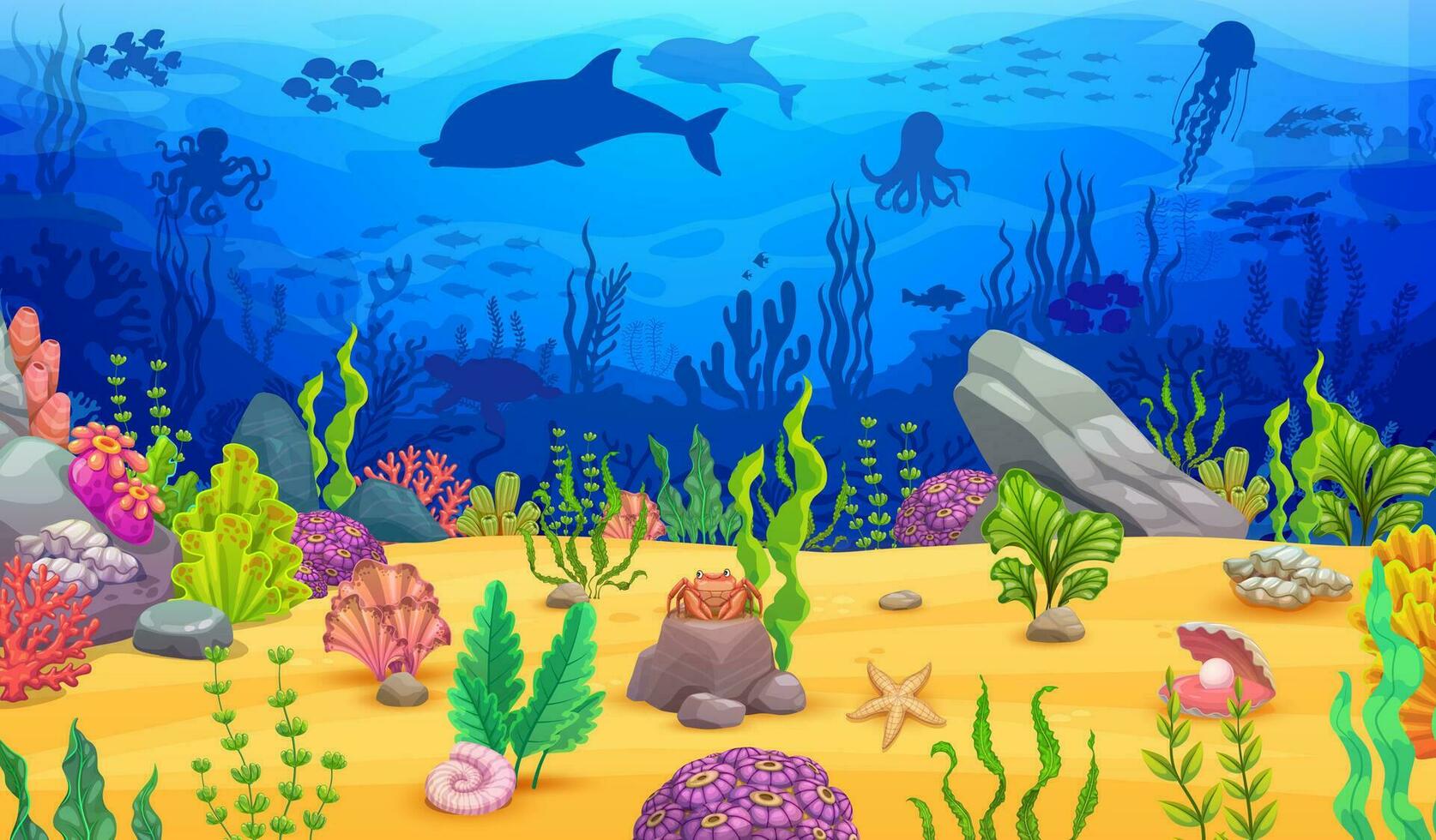 Sea underwater landscape, game level map with rock vector