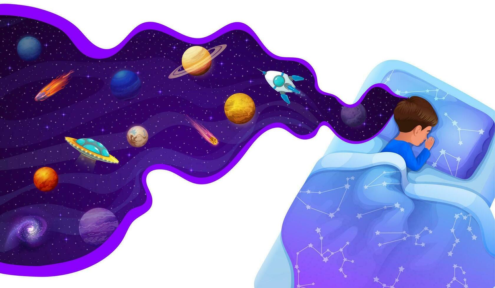 Sleeping kid in bed and galaxy space planets dream vector