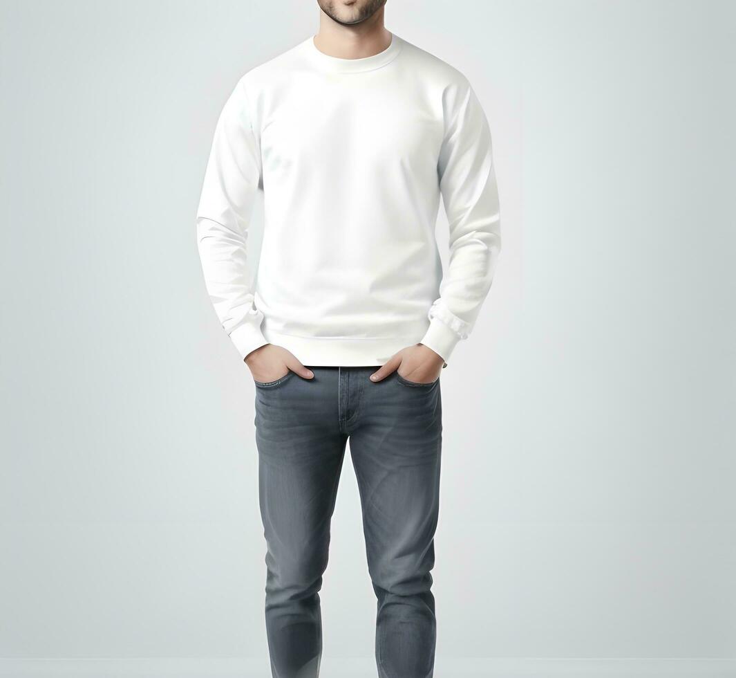 Young man wearing blank white sweater mockup print presentation mockup ai generate photo