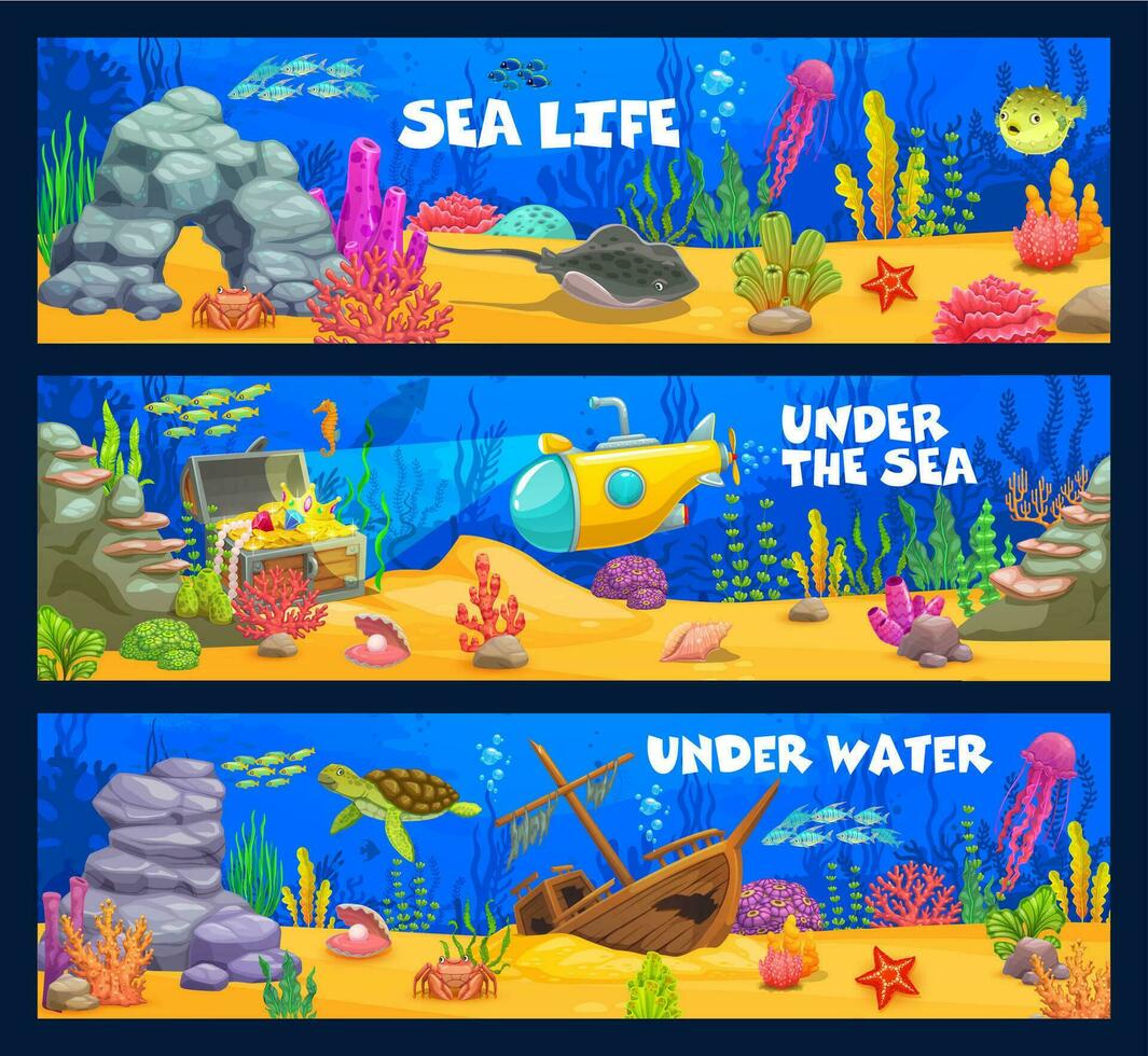 Underwater landscape, cartoon sea animals, seaweed vector