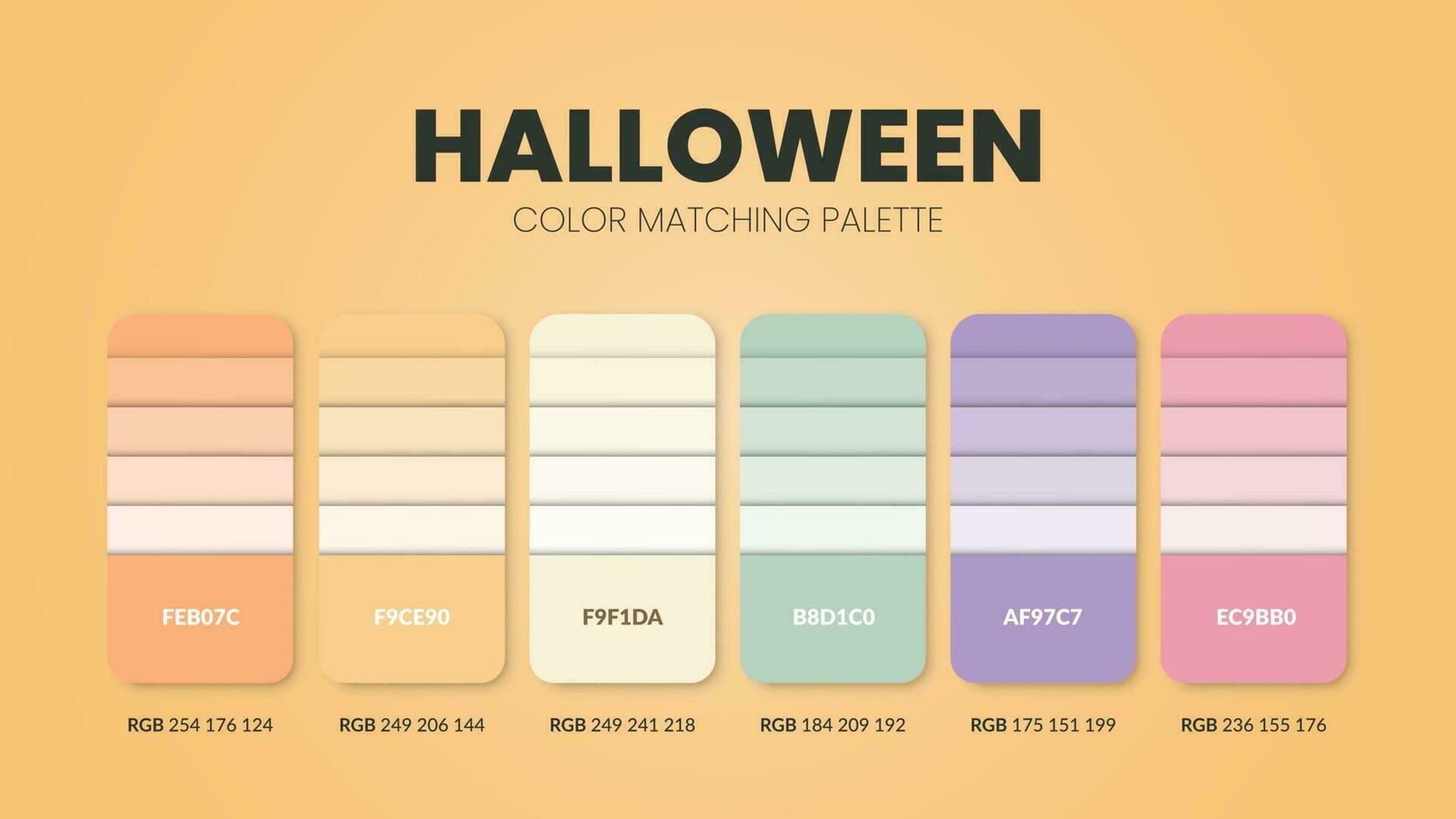 Las paletas de colores o los esquemas de colores del tema de halloween son combinaciones de tendencias y guías de paletas de este año, una tabla de tonos de colores en rgb o hexadecimal. una muestra de color para una moda de primavera, un hogar o un diseño de interiores vector