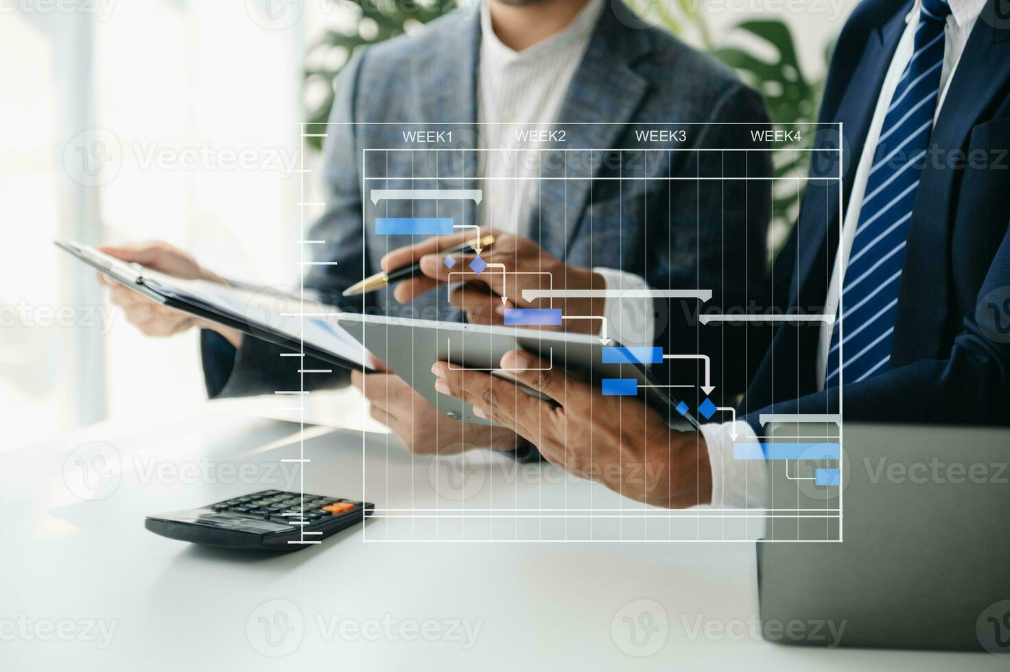 Project manager working and update tasks with milestones progress planning and Gantt chart scheduling diagram.business tram working at office photo
