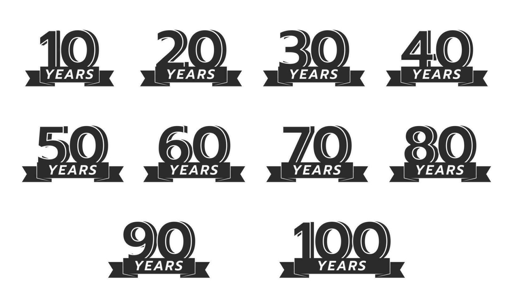 Set of anniversary logo numbers with ribbons. Vector illustration.
